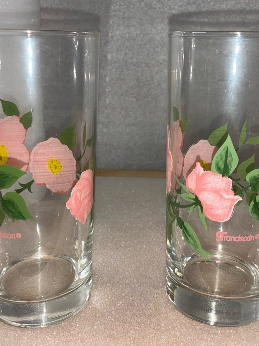 (2) FRANCISCAN DESERT ROSE GLASS  14 oz. 6 1/4” high drinking glasses.